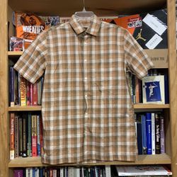 VAN HEUSEN-men’s tan/brown plaid short sleeved dress shirt