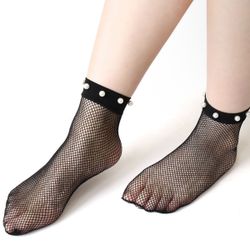 Women Girl Black Lace Ruffle Fishnet Ultrathin With Elastic Breathable Ankle Socks Hosiery Set (Fishnet with Pearl