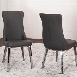 Brand new set of 2 Dining Chair Polished Chrome Tapered Legs | Charcoal Gray Padded Seat & High Wing Back | Transitional Contemporary Mod