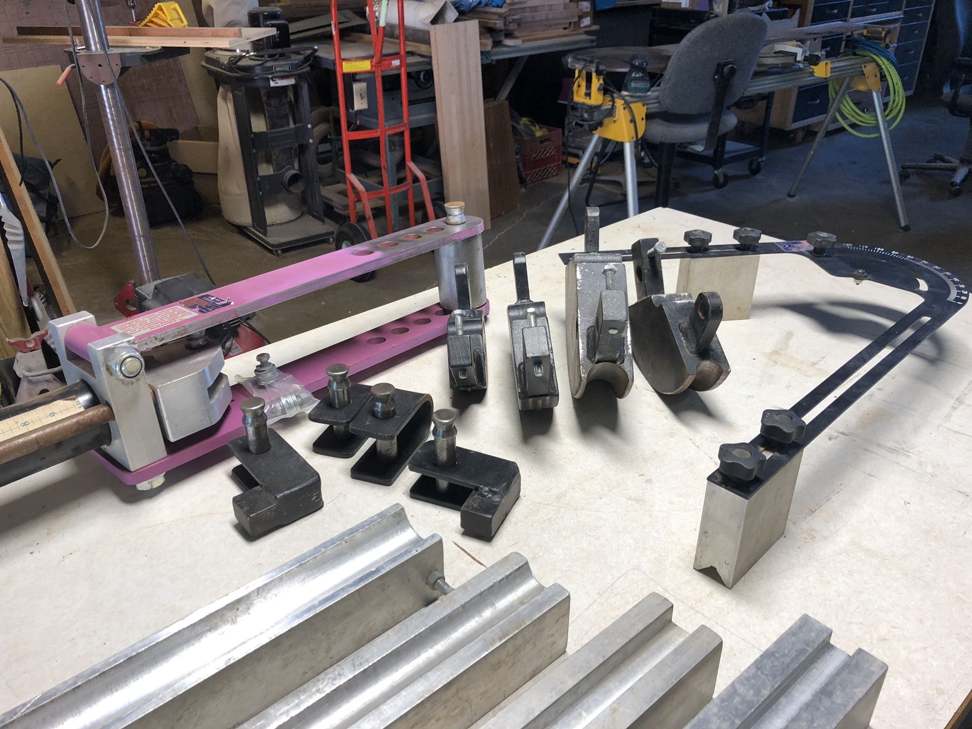 Pro Tools metal tubing bender. 1 3/4” round, 1 1/4” round, 3/4” and 1” square dies.