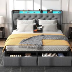 Queen Bed Frame with Storage Headboard and 2 Drawer, Metal Queen Size Bed Frame Platform with LED Light, Charging Station, No Box Spring Needed, Noise