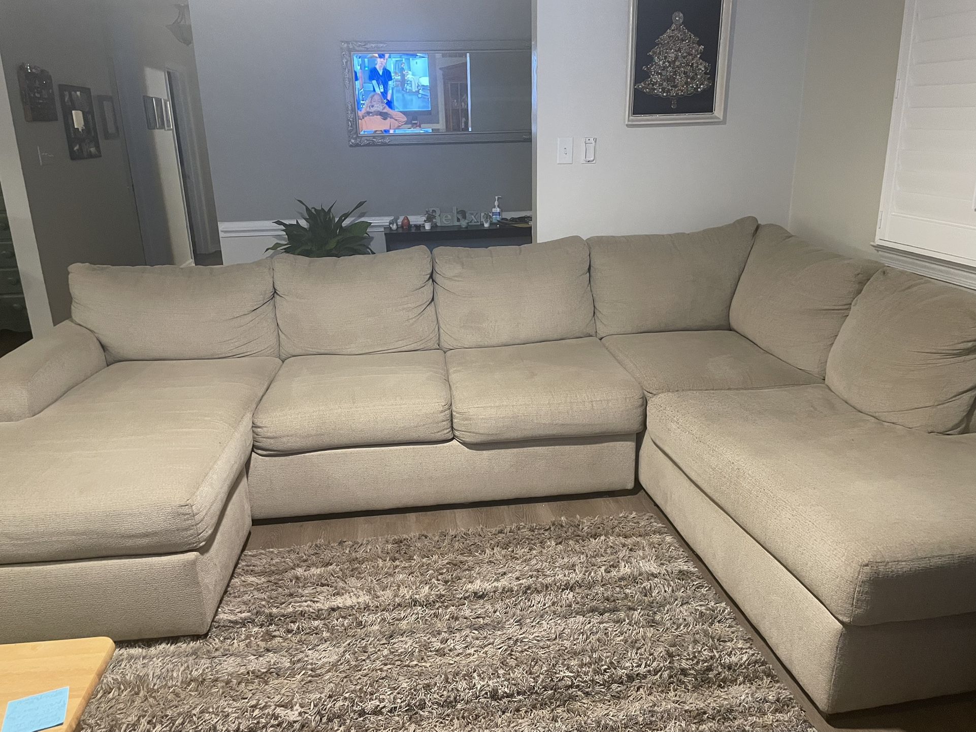 Used - Large Beige Microfiber  Sectional Couch / Sofa. 