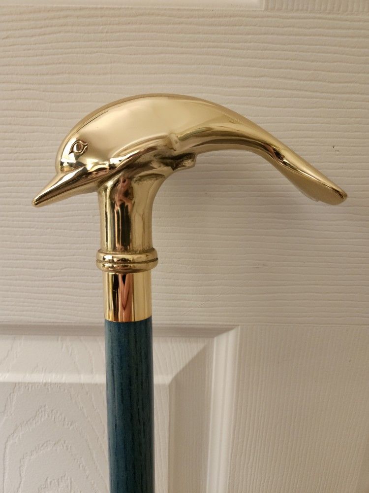 Leaping Brass Dolphin, Blue Mahoe Wood Cane