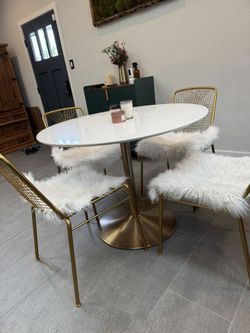CB2 White and Brass table 4 Matching Chairs