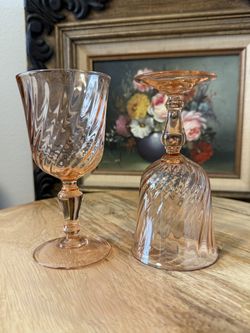 Pair of 2 Vintage French Rosaline Pink Swirl Glasses | Water Goblets | Wine Glasses | Pink Glassware | Girl’s Brunch