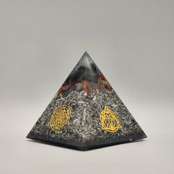 Handmade Orgonite Pyramid – Selenite, Black Obsidian, Jade & Quartz Crystal Energy Generator – Sacred Geometry Decor, 4.2”

