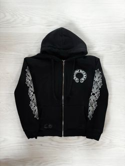 Chrome Hearts Black Zip-Up Hoodie White Cross Sleeve Graphics Horseshoe Logo