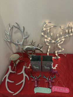 Christmas silver & pink Reindeer Holiday Home Decor Lot - Lights ornaments candle holders antlers