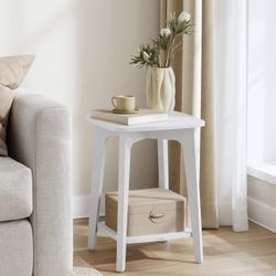 White Side Table, 2-Tier Small Square End Table, Nightstand with Tapered Legs