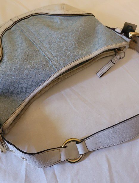 Coach Signature Mini C 1455 Hobo Shoulder Handbag Purse Light Blue White Gold