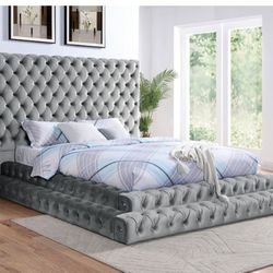 Brand New Plush Grey Queen Platform Bed Frame (Available In Eastern King)