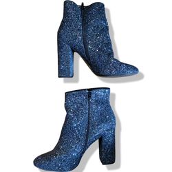 Women’s Call It Spring Brand Sparkly Blue Glitter Ankle High Heel Boots Size 9