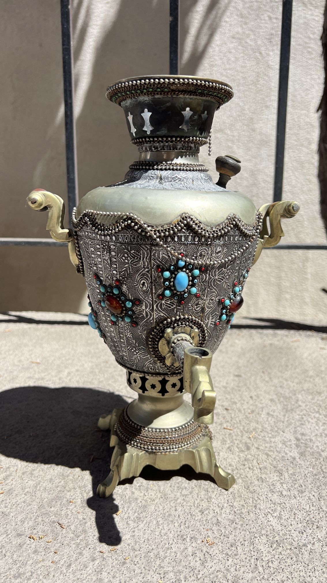 Antique Samovar Silver Filigree Turquoises Nature Gemstones Brass Base