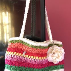 Lina Woven Crochet Knit Multicolor Tote Purse Bag