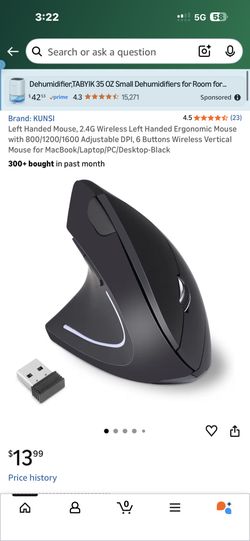 Left Handed Ergonomic Wireless Mouse