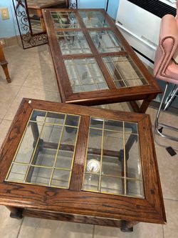 Oak Coffee Table and End Table Set with Glass Top