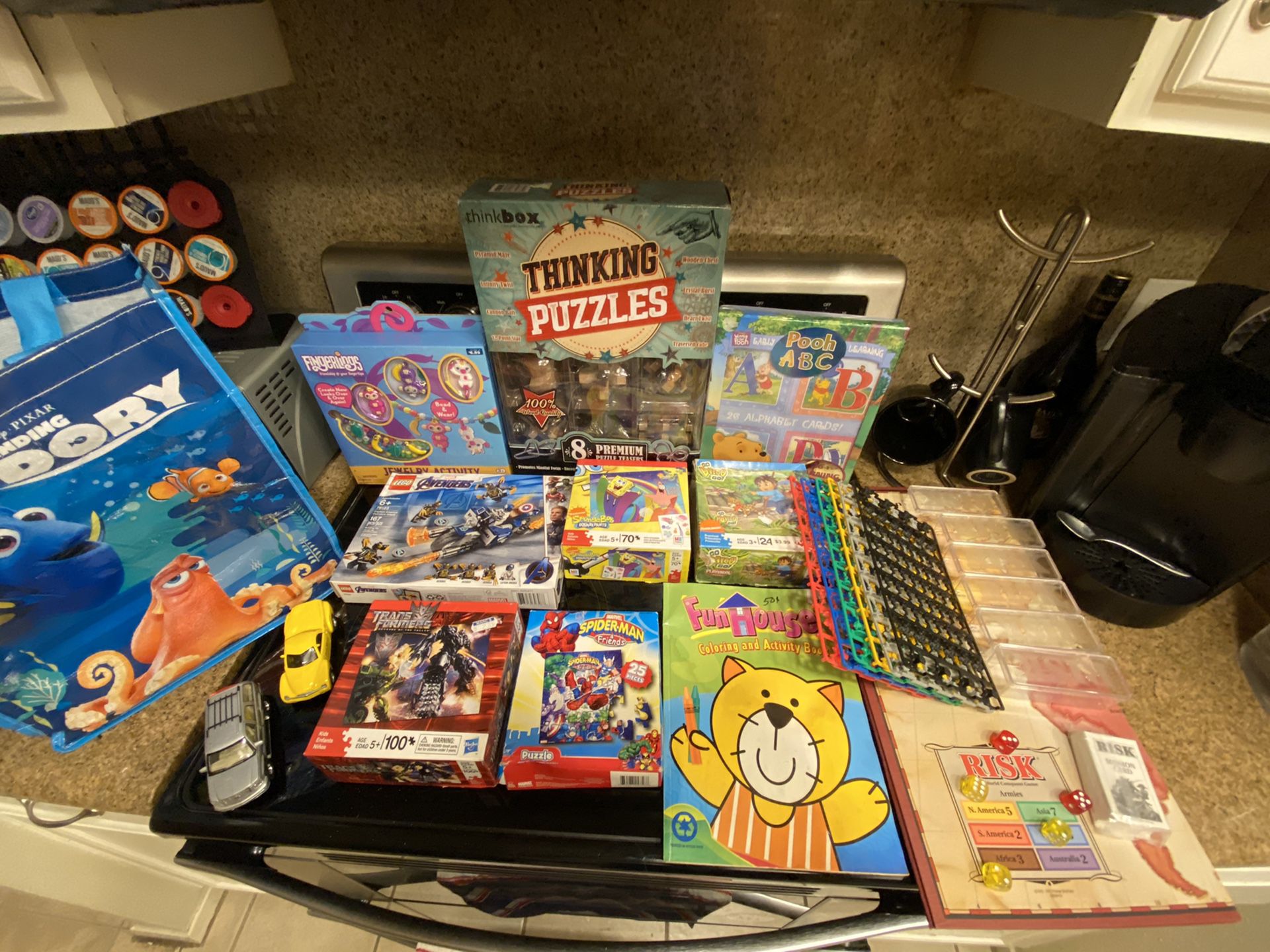 Kids toys, games, puzzles, coloring books, legos and board game