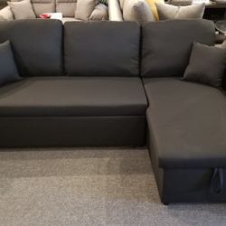 Brand New 89" x 61" Black Linen Reversible Convertible Sectional With Storage Chaise