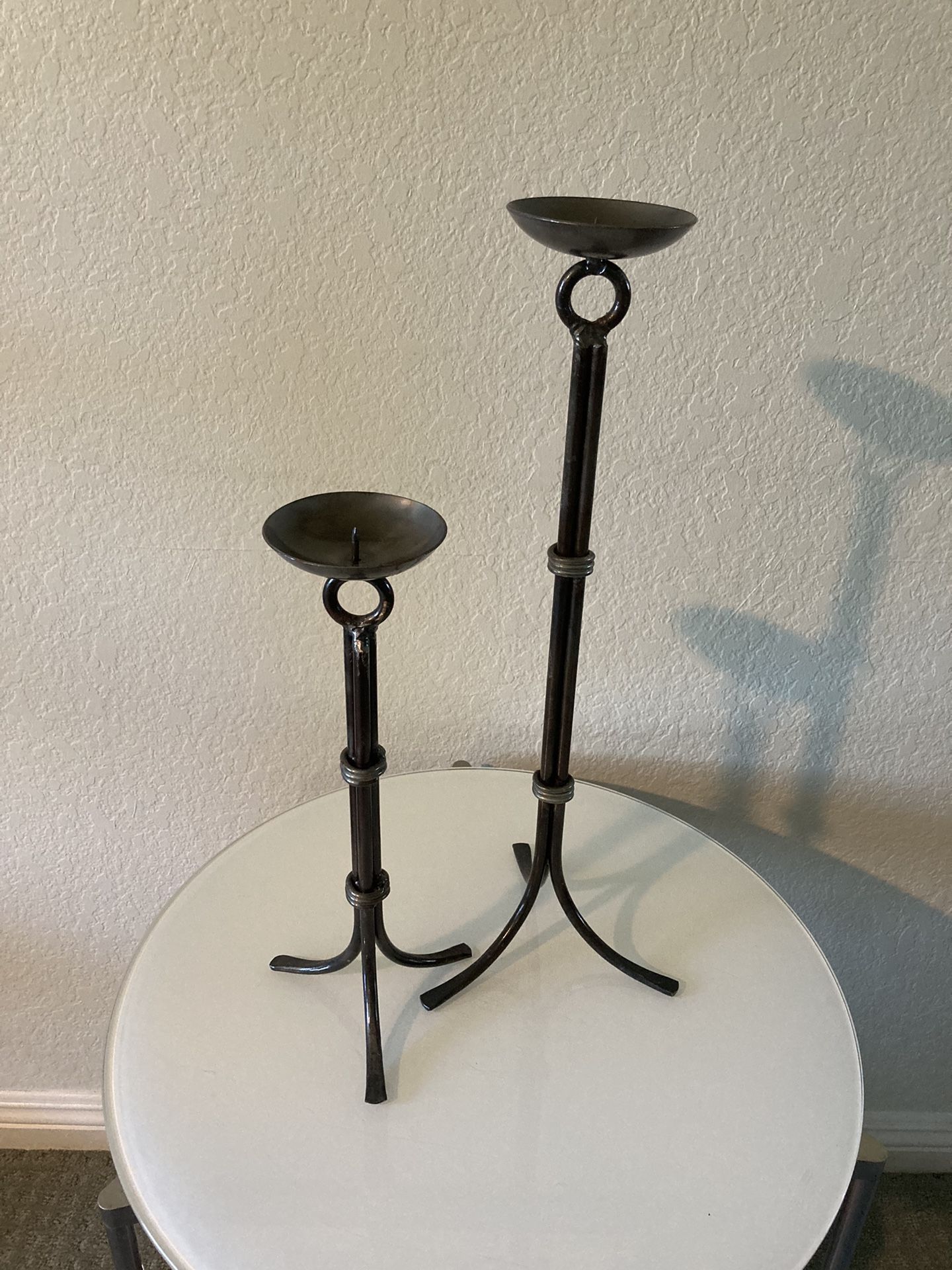 TWO Metal Candleholders Wrapped Stem