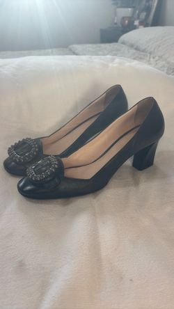 Authentic PRADA Black Leather Studded Buckle Block Heel Pumps Size 37