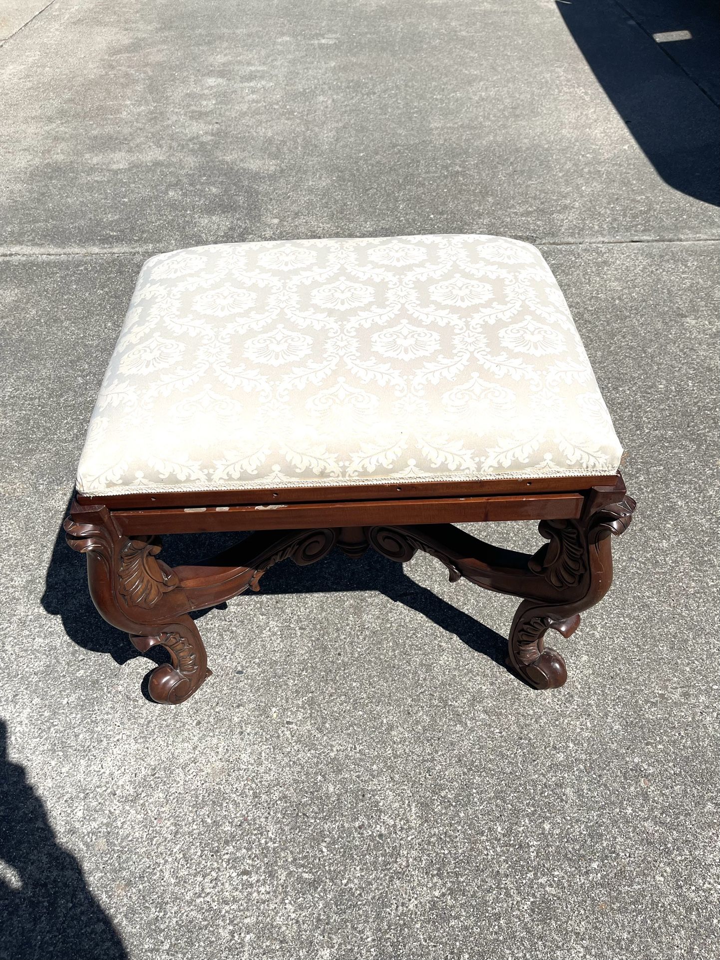Vintage Great Condition Carved Wood & Upholstered, Cushion, Accent Vanity Stool. 28” x 21” x 24