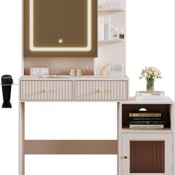 Pink Vanity Desk with Mirror and Light