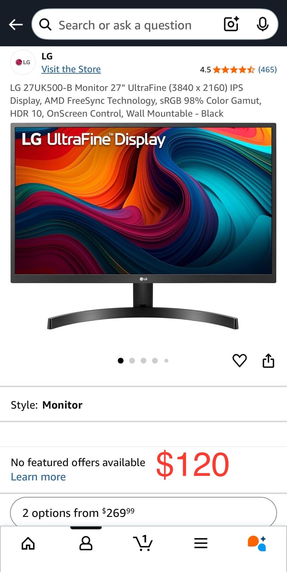 LG 27UK500-B Monitor 27" UltraFine (3840 x 2160) IPS Display