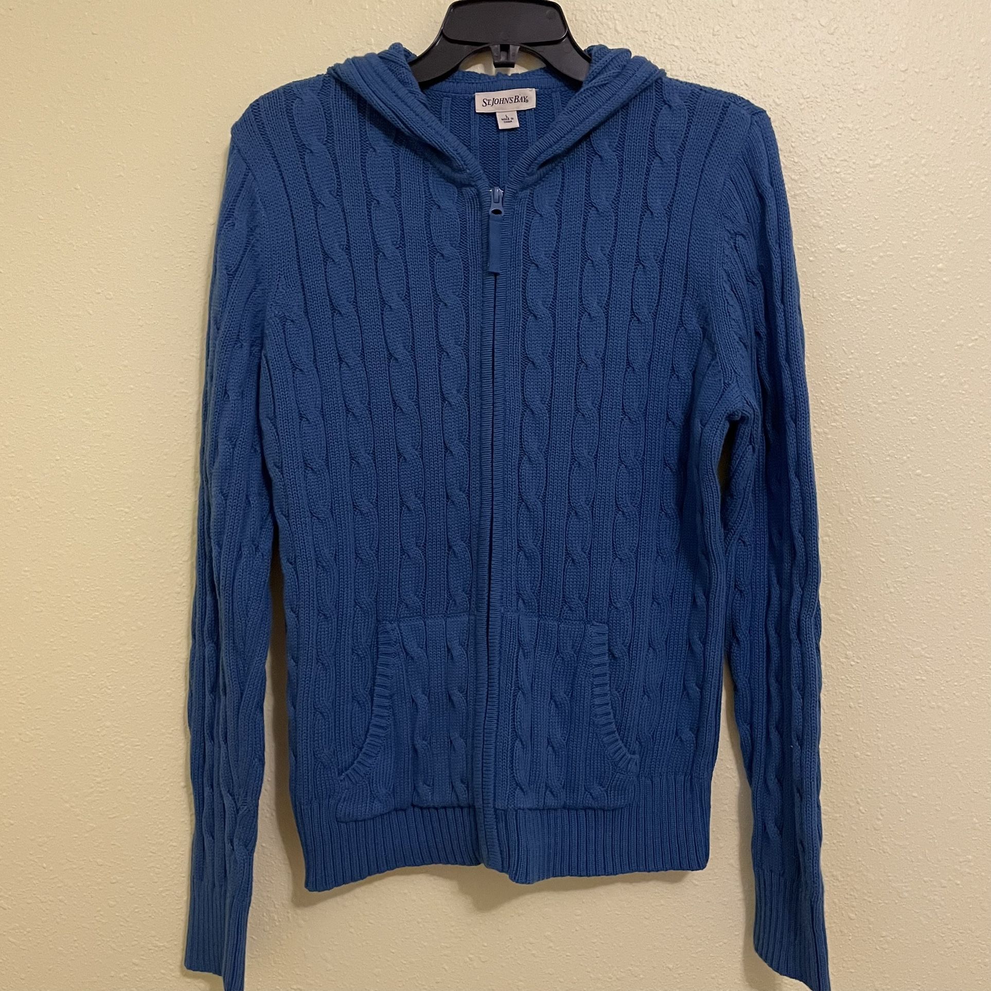 St John's Bay Deep Blue Sweater PM Ribbed Cable Knit Zip Front Cotton Cardigan
