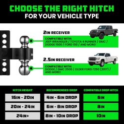 NEW Rhino USA Adjustable Trailer Hitch 6” Black For use with 2” receivers, 12,500 LBS GTW