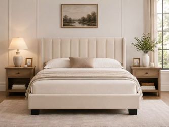 ✨ Brand New King Size Upholstered Platform Bed – Beige Velvet | Modern Vertical Channel Headboard