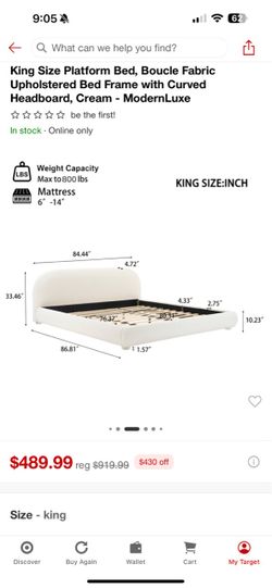 Cream King Size Platform Bed Frame Great Condition Like New