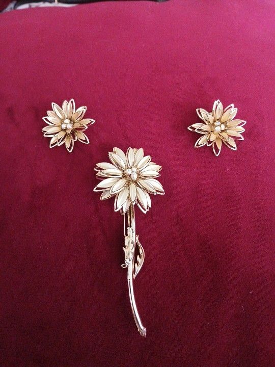 Flower Brooch And Matching Clip On Earrings.
