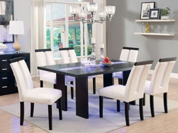 Brand New Black & White 7pc Dining Table Set w LED Lights 
