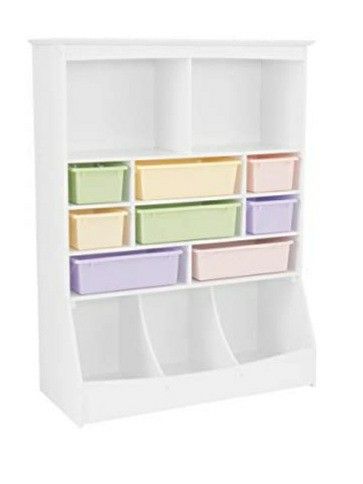KidKraft Wooden Wall Storage Unit with 8 Plastic Bins & 13 Compartments - White, 53" x 20" x 8"