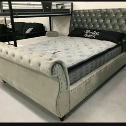 FOA Gray Velvet Noella Queen Bed | Bedroom Set ✨ Brand New ✨ Delivery Available 👌