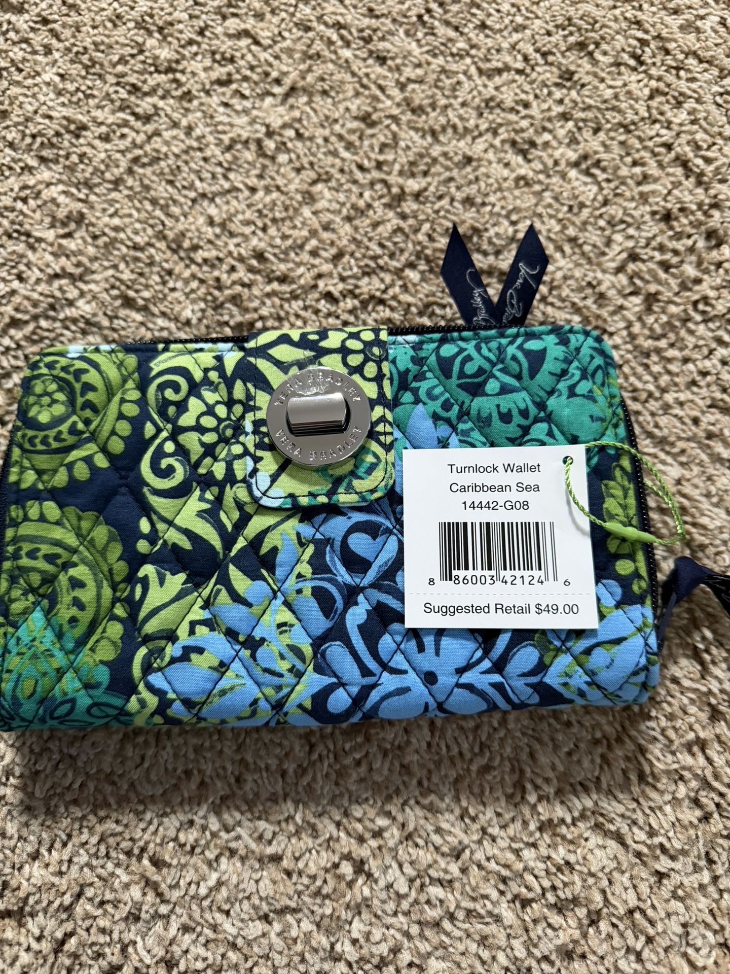 VERA BRADLEY Turnlock & Zip Around Wallet - Caribbean Sea - Navy - New with Tag
