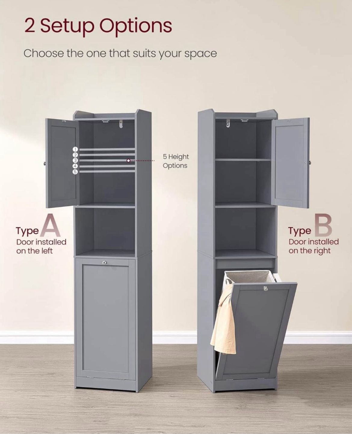 Tall Bathroom Cabinet with Laundry Basket, Removable Laundry Basket with Handles, Compartment with Door, Linen Tower, 15.8 x 15.8 x 66.9 I