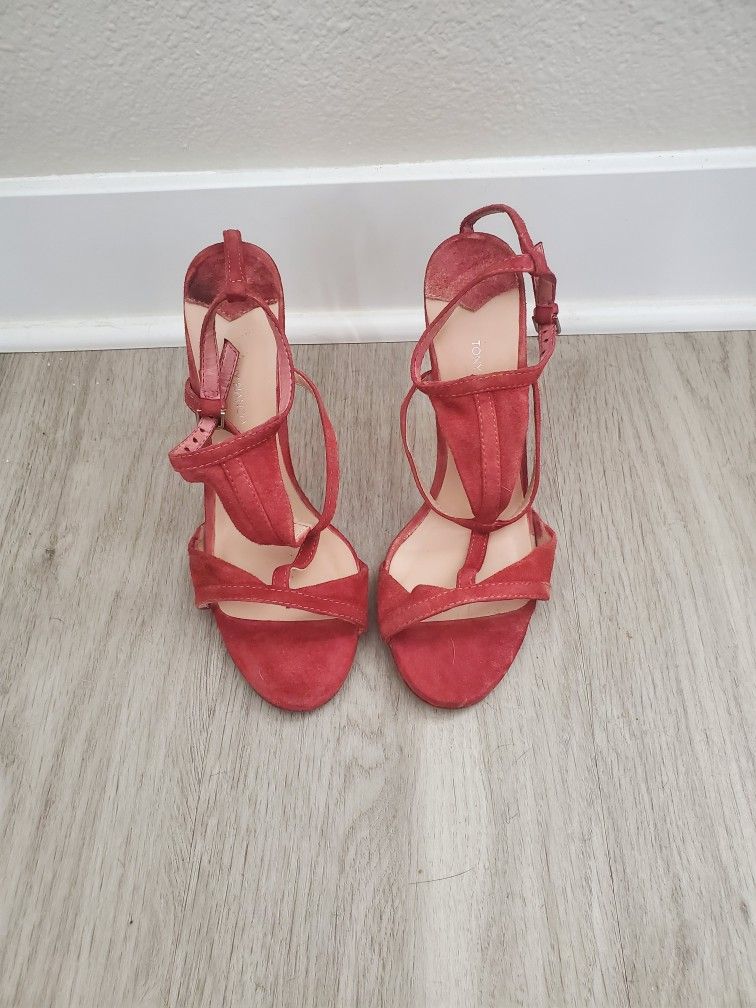 Tony Bianco Red Strappy Faux Suede Heels Clear Heel Block Size: 7 Pre-Owned 