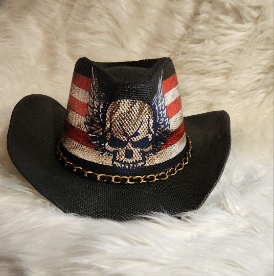 Saddleback Premium Straw Hat Unisex Wing Skull Black Red White Stripes