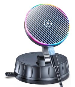 15W MagSafe Car Charger Mount, Magnetic Wireless Car Phone Holder with Dual Input Port, Vacuum Suction & Nano Adhesive Base, 360° Rotation Stable Car 