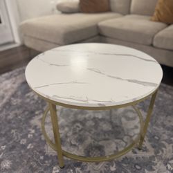 VASAGLE Round Coffee Table – Faux Marble Top & Glass Shelf | 25.6”