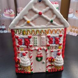 Ceramic Gingerbread Candy House Cookie Jar 10" Tall