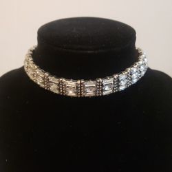 Baublebar Crystal Baquette Rhinestones Silvertone Collar Necklace 14" F10 