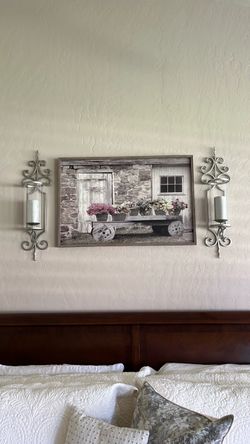 5 piece arrangement, including framed picture, two sconces and two candles