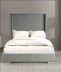 Brand New Grey Chenille Queen Bed Frame