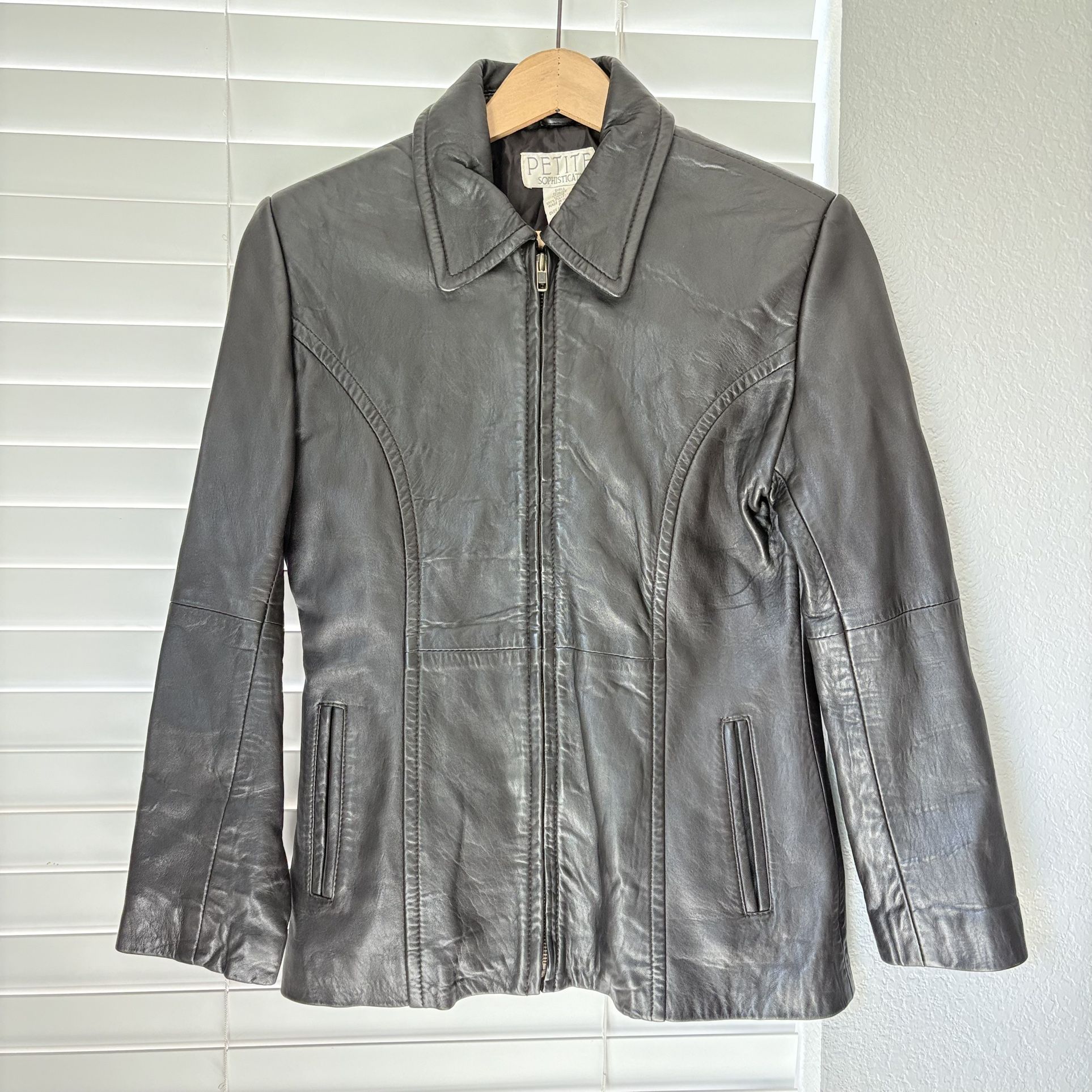 Petite Sophisticate 100% Genuine Leather Jacket Dark Brown Full Zip Woman Size P