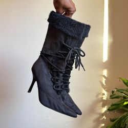 2000s Bratz Black Faux Fur Lace Up Pointed Toe boots US 6.5