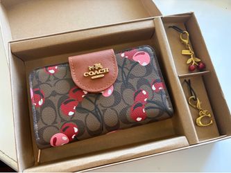 Coach Brown Signature Cherry Print Zip-Around Wallet Zipper Logo Credit Card