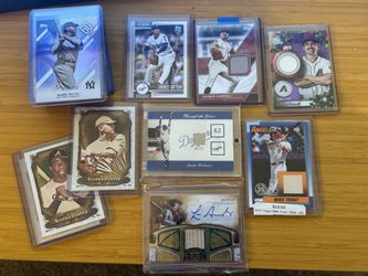Baseball Card Collection with Jackie Robinson game worn relic, Corbin Carrol relic, Luis Gonzalez auto, Mike Trout bat relic, and more!
