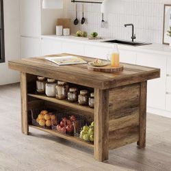 JW1102 55 Inches Kitchen Island with Storage, 3-Tier Farmhouse Wooden Stationary Island Table with Large Worktop & Leg Room, Modern Coffee Bar Table w